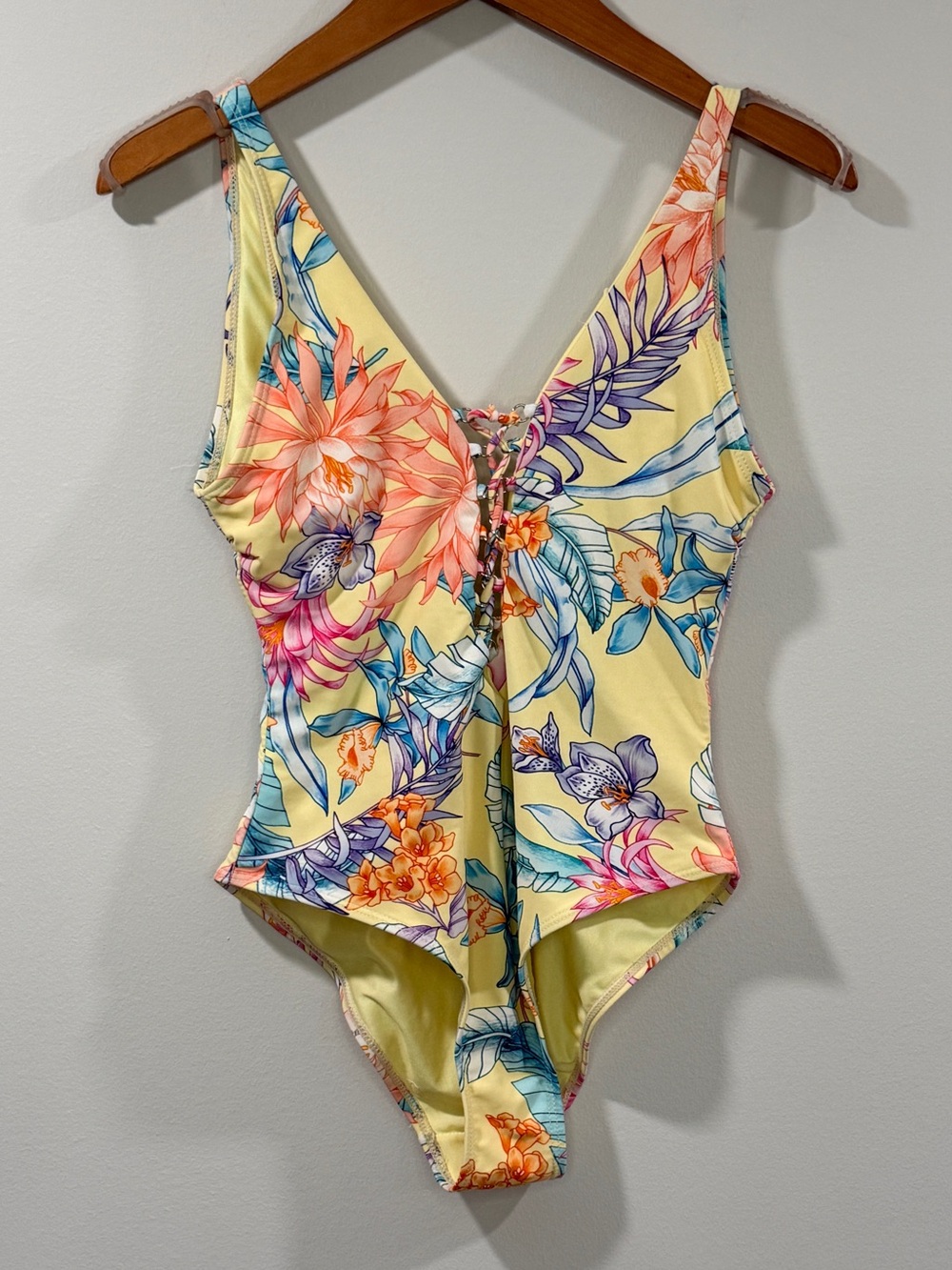 TiniBikini Womens Yellow Floral One-Piece Swimsuit with Front Lace-Up Size S